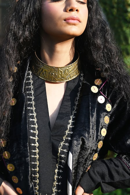Shorshe Clothing_Black Velvet, Satin Beads, Sequins V-neck Embellished Jacket_Online_at_Aza_Fashions