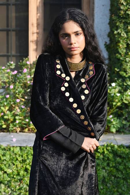 Shop_Shorshe Clothing_Black Velvet, Satin Beads, Sequins V-neck Embellished Jacket_Online_at_Aza_Fashions