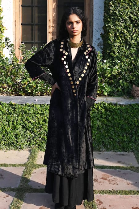 Shorshe Clothing_Black Velvet, Satin Beads, Sequins V-neck Embellished Jacket_at_Aza_Fashions