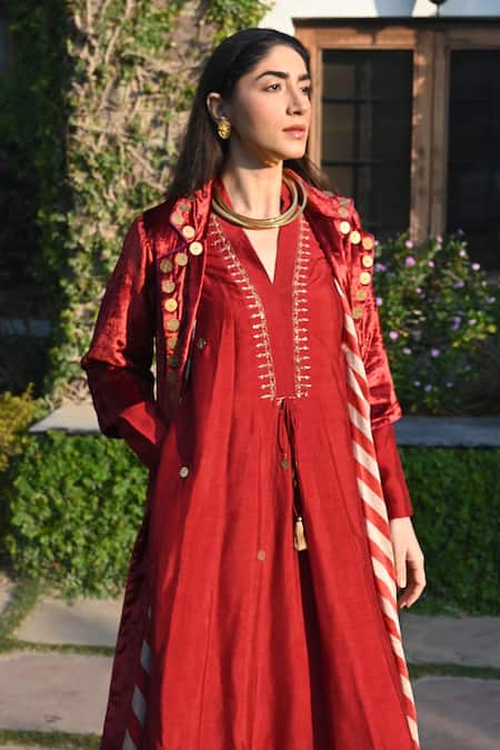 Shorshe Clothing_Red Velvet, Satin Sequins, Beads V-neck Embellished Long Jacket_Online_at_Aza_Fashions