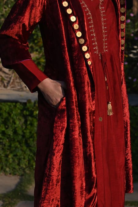 Shop_Shorshe Clothing_Red Velvet, Satin Sequins, Beads V-neck Embellished Long Jacket_Online_at_Aza_Fashions
