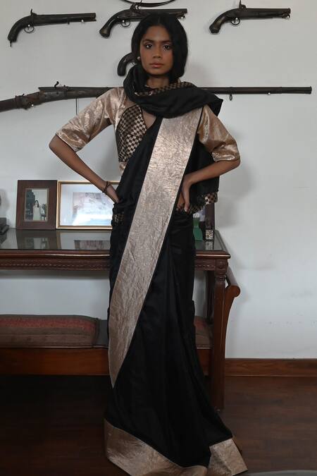 Shop_Shorshe Clothing_Black Brocade Shatranj Woven Broad Border Saree_at_Aza_Fashions