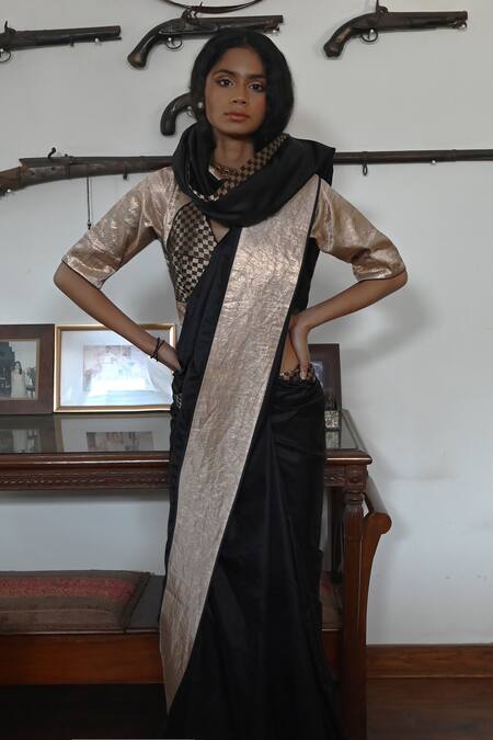 Shorshe Clothing_Black Brocade Shatranj Woven Broad Border Saree_Online_at_Aza_Fashions