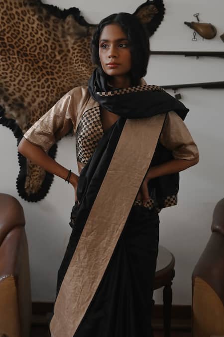 Buy_Shorshe Clothing_Black Brocade Shatranj Woven Broad Border Saree_Online_at_Aza_Fashions