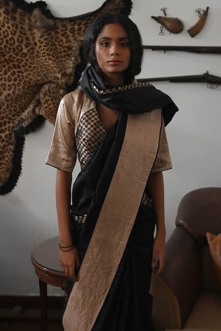 Shop_Shorshe Clothing_Black Brocade Shatranj Woven Broad Border Saree_Online_at_Aza_Fashions