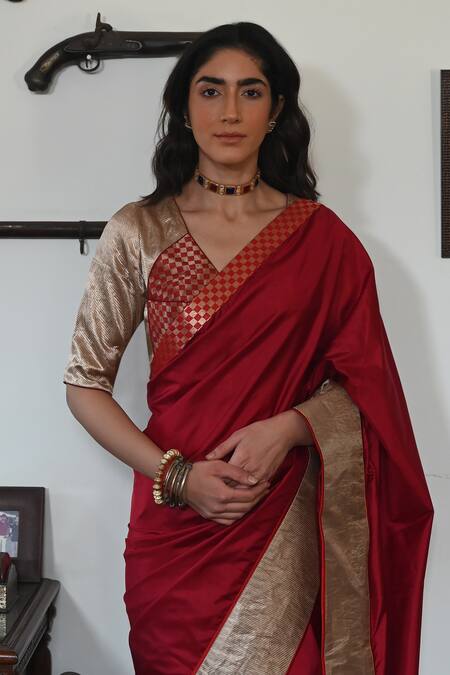 Shorshe Clothing_Red Brocade, Silk Checkered Broad Border Designer Saree_Online_at_Aza_Fashions