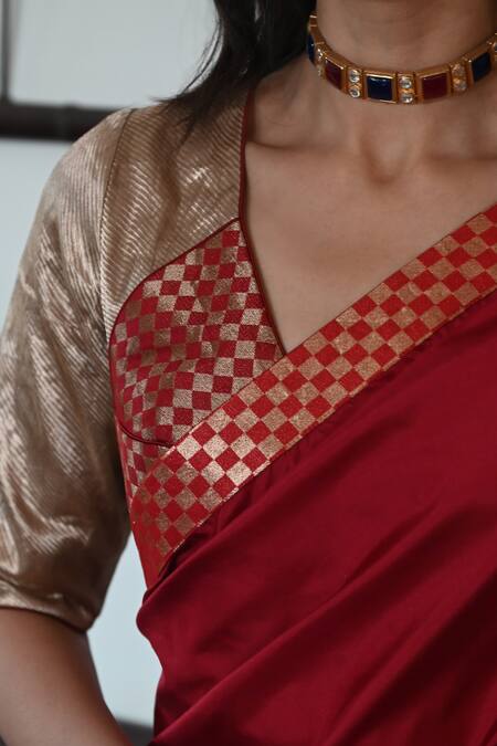 Buy_Shorshe Clothing_Red Brocade, Silk Checkered Broad Border Designer Saree_Online_at_Aza_Fashions