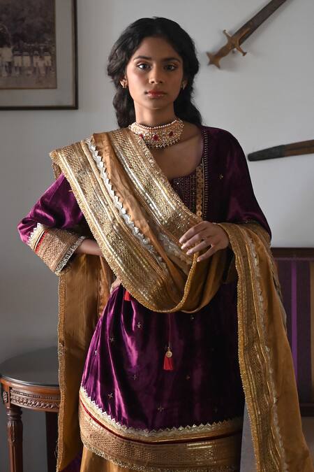 Shorshe Clothing_Purple Velvet, Linen, Handloom Cotton Sequins, Embroidered Kurta And Gharara Set_Online_at_Aza_Fashions