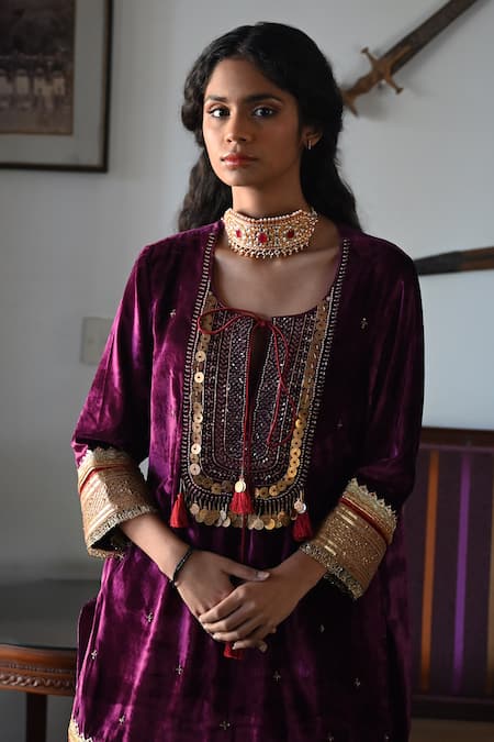Buy_Shorshe Clothing_Purple Velvet, Linen, Handloom Cotton Sequins, Embroidered Kurta And Gharara Set_Online_at_Aza_Fashions