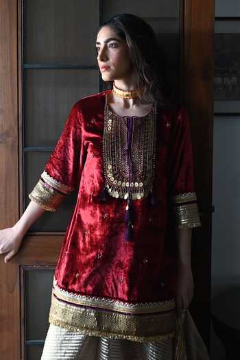 Shorshe Clothing_Red Velvet, Satin, Gingham Cut Work, Gota Embroidered Kurta Set With Gharara_Online_at_Aza_Fashions