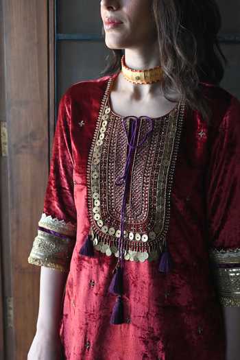 Buy_Shorshe Clothing_Red Velvet, Satin, Gingham Cut Work, Gota Embroidered Kurta Set With Gharara_Online_at_Aza_Fashions