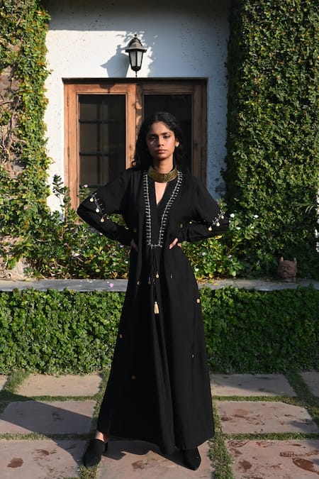 Buy_Shorshe Clothing_Black Cotton, Silk Foil Printing, Embroidery V-neck Zari Maxi Dress _Online_at_Aza_Fashions