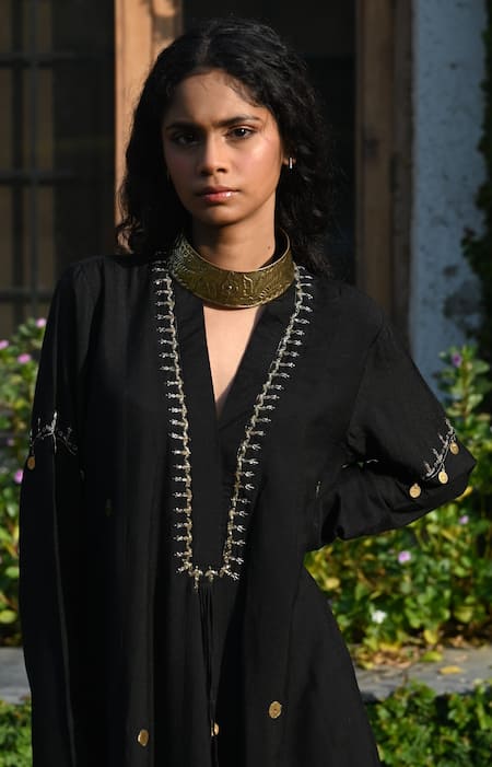 Shop_Shorshe Clothing_Black Cotton, Silk Foil Printing, Embroidery V-neck Zari Maxi Dress _Online_at_Aza_Fashions