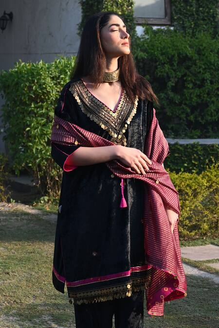 Shorshe Clothing_Black Velvet, Cotton, Satin Sequins, Beads, Coin Embroidered Kaftan With Salwar_Online_at_Aza_Fashions