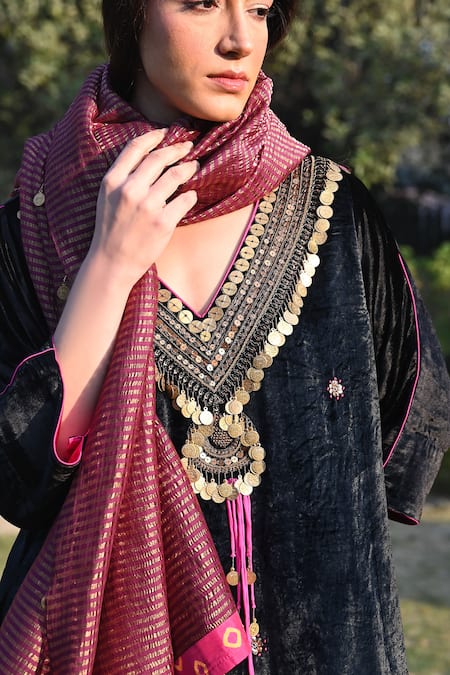 Buy_Shorshe Clothing_Black Velvet, Cotton, Satin Sequins, Beads, Coin Embroidered Kaftan With Salwar_Online_at_Aza_Fashions