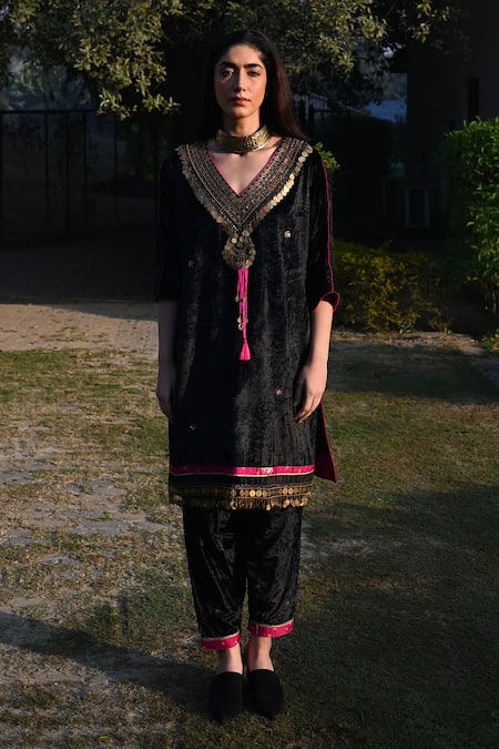 Shop_Shorshe Clothing_Black Velvet, Cotton, Satin Sequins, Beads, Coin Embroidered Kaftan With Salwar_Online_at_Aza_Fashions