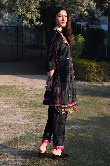Shorshe Clothing_Black Velvet, Cotton, Satin Sequins, Beads, Coin Embroidered Kaftan With Salwar_at_Aza_Fashions