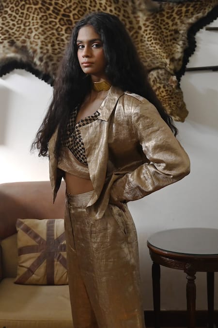 Shorshe Clothing_Gold Brocade, Satin Metallic Thread Collared Stripe Pattern Bomber Jacket_Online_at_Aza_Fashions