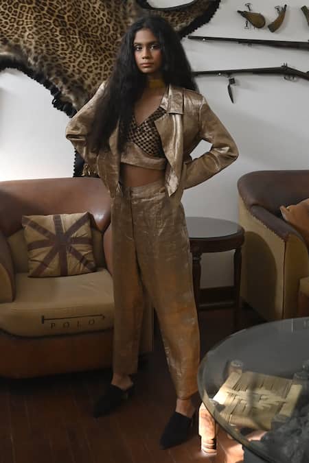 Buy_Shorshe Clothing_Gold Brocade, Satin Metallic Thread Collared Stripe Pattern Bomber Jacket_Online_at_Aza_Fashions