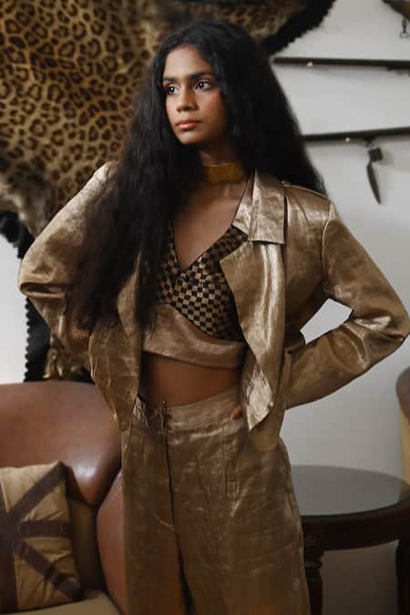 Shop_Shorshe Clothing_Gold Brocade, Satin Metallic Thread Collared Stripe Pattern Bomber Jacket_Online_at_Aza_Fashions