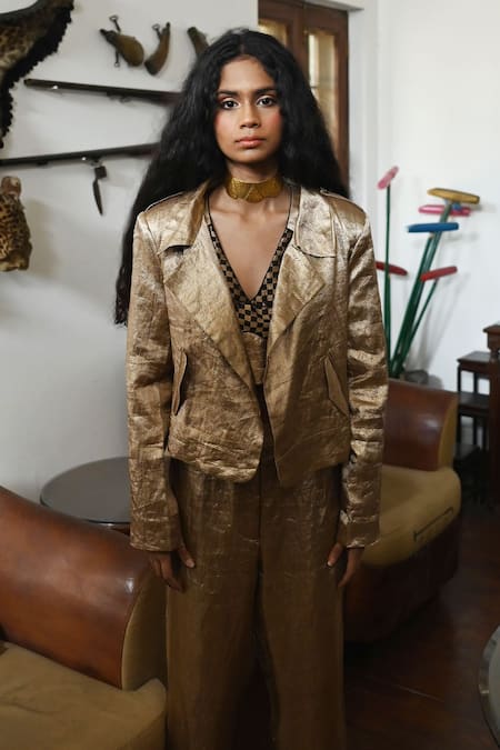Shorshe Clothing_Gold Brocade, Satin Metallic Thread Collared Stripe Pattern Bomber Jacket_at_Aza_Fashions