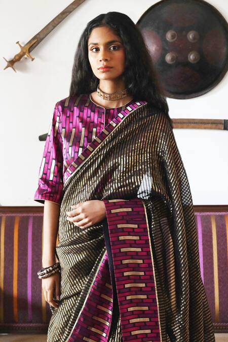 Shorshe Clothing_Black Brocade, Satin Piping Round Neck Geometric Linear Woven Blouse_Online_at_Aza_Fashions