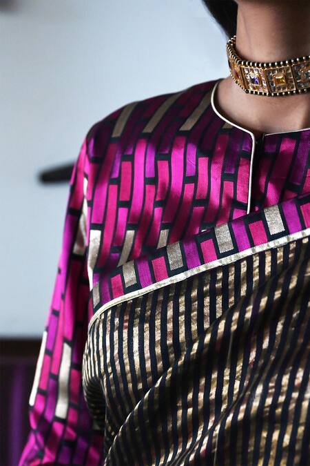 Buy_Shorshe Clothing_Black Brocade, Satin Piping Round Neck Geometric Linear Woven Blouse_Online_at_Aza_Fashions