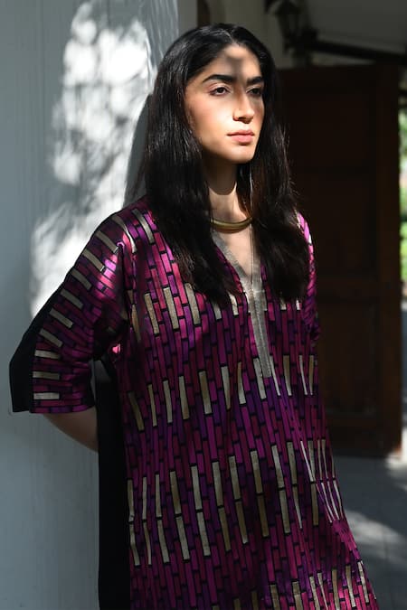 Shorshe Clothing_Purple Brocade, Satin, Silk Patchwork Geometric Pattern Kaftan And Dhoti Pant_Online_at_Aza_Fashions