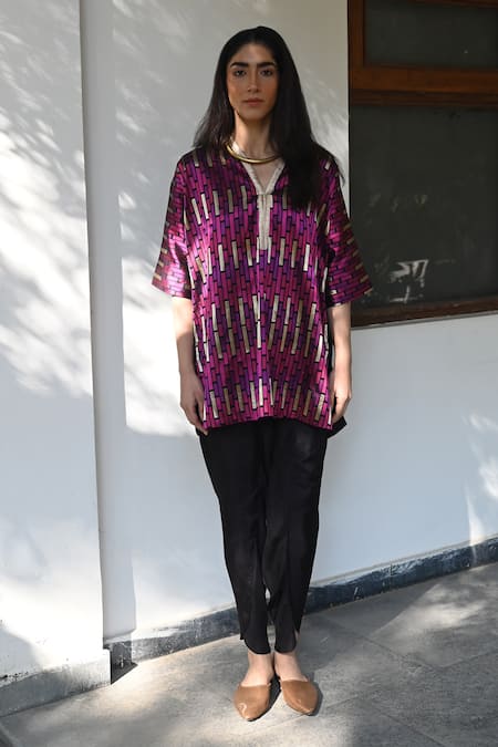 Buy_Shorshe Clothing_Purple Brocade, Satin, Silk Patchwork Geometric Pattern Kaftan And Dhoti Pant_Online_at_Aza_Fashions