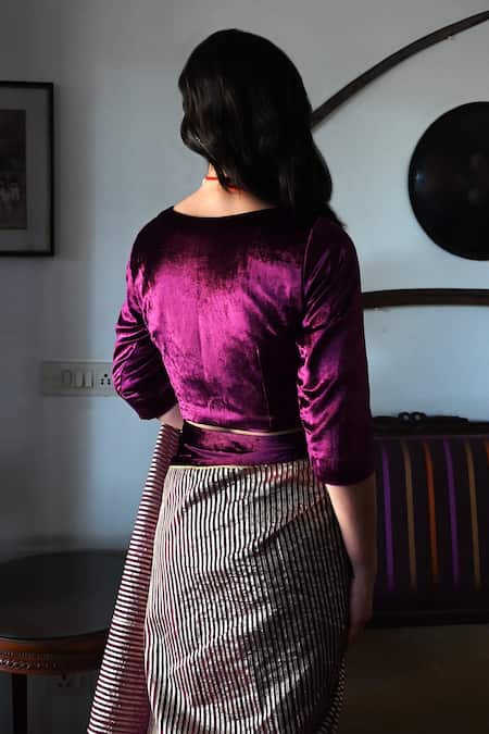 Shop Shorshe Clothing Purple Velvet Gota Patti V-neck Lace Blouse at Aza Fashions Shop_Shorshe Clothing_Purple Velvet Gota Patti V-neck Lace Blouse_at_Aza_Fashions