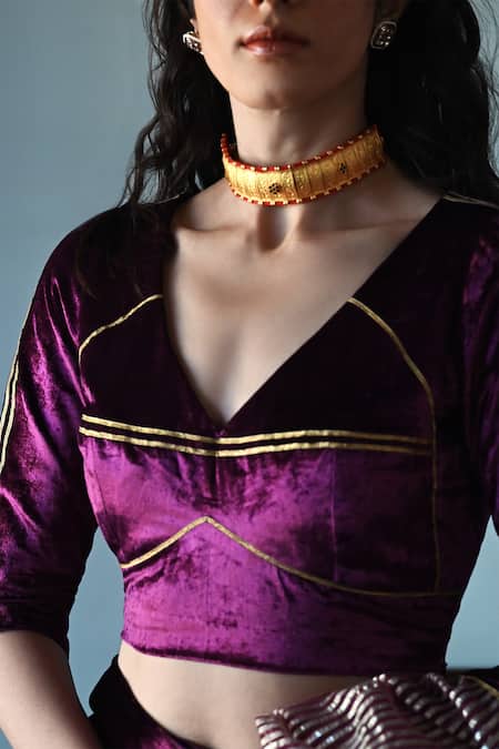 Buy Shorshe Clothing Purple Velvet Gota Patti V-neck Lace Blouse Online at Aza Fashions Buy_Shorshe Clothing_Purple Velvet Gota Patti V-neck Lace Blouse_Online_at_Aza_Fashions