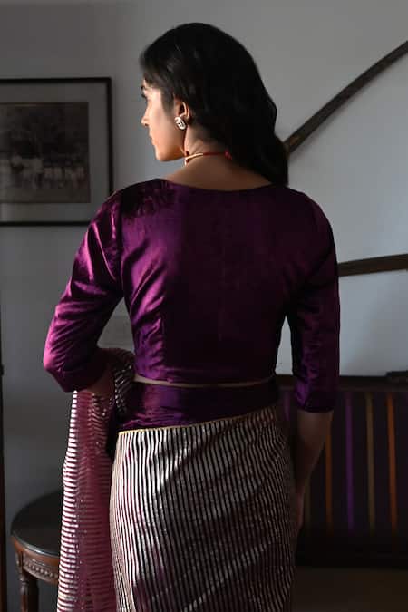 Shop Shorshe Clothing Purple Velvet Gota Patti V-neck Lace Blouse Online at Aza Fashions Shop_Shorshe Clothing_Purple Velvet Gota Patti V-neck Lace Blouse_Online_at_Aza_Fashions