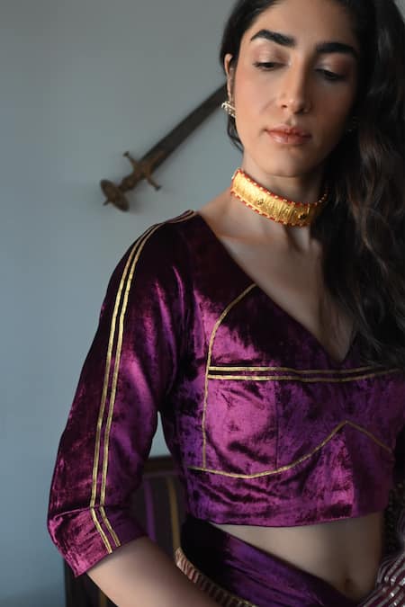Shorshe Clothing Purple Velvet Gota Patti V-neck Lace Blouse at Aza Fashions Shorshe Clothing_Purple Velvet Gota Patti V-neck Lace Blouse_at_Aza_Fashions