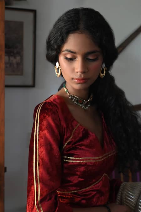 Buy_Shorshe Clothing_Red Velvet Gota Patti V-neck Lace Embellished Blouse_Online_at_Aza_Fashions