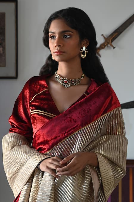 Shorshe Clothing_Beige Velvet Gota Patti And Red Embellished Saree_Online_at_Aza_Fashions