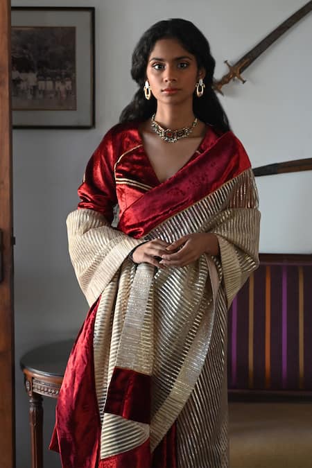 Buy_Shorshe Clothing_Beige Velvet Gota Patti And Red Embellished Saree_Online_at_Aza_Fashions