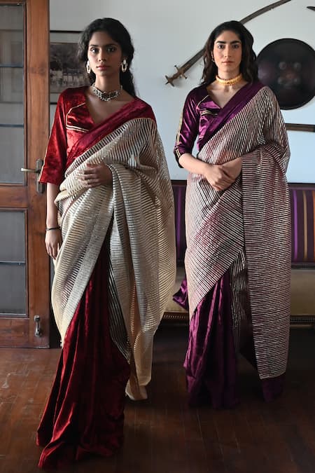 Shop_Shorshe Clothing_Beige Velvet Gota Patti And Red Embellished Saree_Online_at_Aza_Fashions