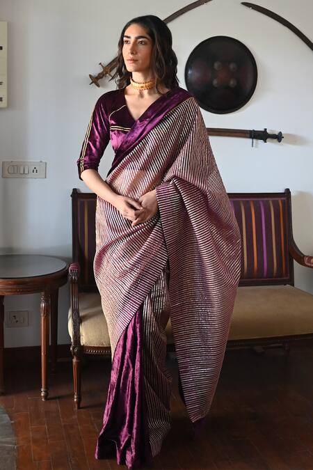 Shop_Shorshe Clothing_Purple Velvet, Cotton Gota Patti And Embellished Saree_at_Aza_Fashions