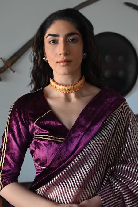 Shorshe Clothing_Purple Velvet, Cotton Gota Patti And Embellished Saree_Online_at_Aza_Fashions