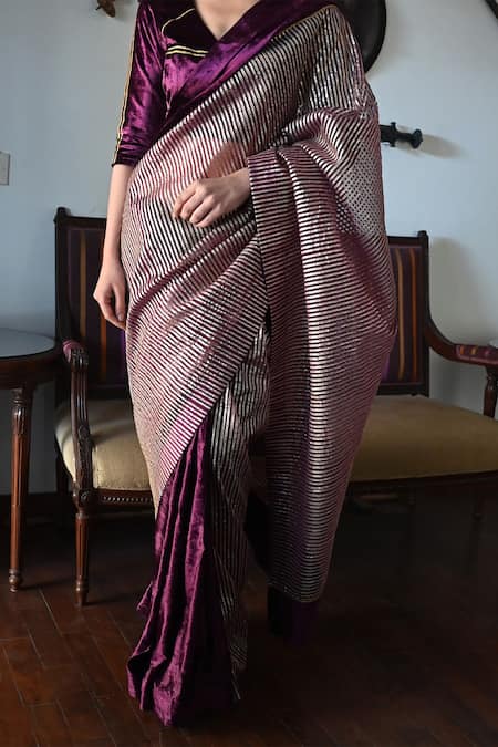 Buy_Shorshe Clothing_Purple Velvet, Cotton Gota Patti And Embellished Saree_Online_at_Aza_Fashions