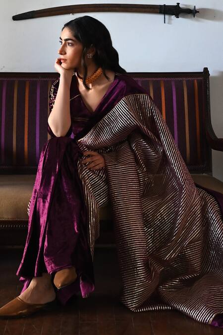 Shop_Shorshe Clothing_Purple Velvet, Cotton Gota Patti And Embellished Saree_Online_at_Aza_Fashions