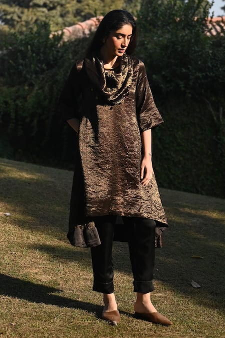 Shorshe Clothing_Black Tissue, Chanderi, Satin Beads Cowl Neck Hand Embroidered Kurta Set_Online_at_Aza_Fashions