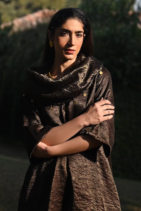Buy_Shorshe Clothing_Black Tissue, Chanderi, Satin Beads Cowl Neck Hand Embroidered Kurta Set_Online_at_Aza_Fashions