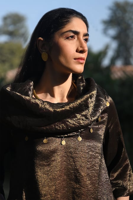 Shop_Shorshe Clothing_Black Tissue, Chanderi, Satin Beads Cowl Neck Hand Embroidered Kurta Set_Online_at_Aza_Fashions