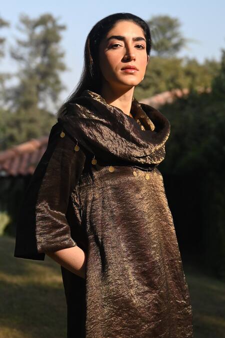 Shorshe Clothing_Black Tissue, Chanderi, Satin Beads Cowl Neck Hand Embroidered Kurta Set_at_Aza_Fashions