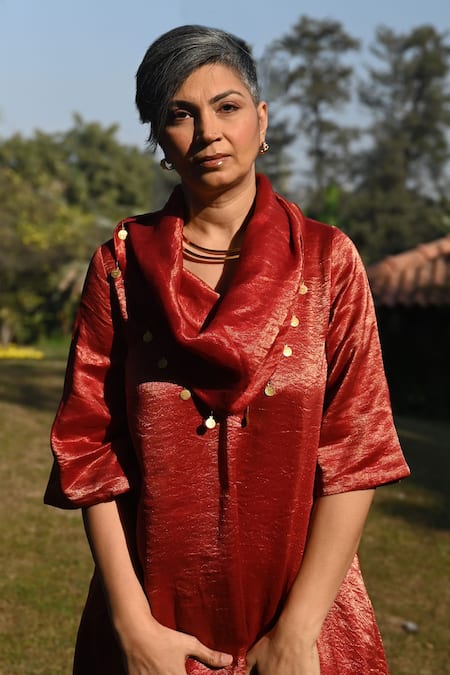 Shorshe Clothing_Red Tissue, Chanderi, Satin Embroidery Cowl Neck Asymmetric Kurta And Pant Set_Online_at_Aza_Fashions