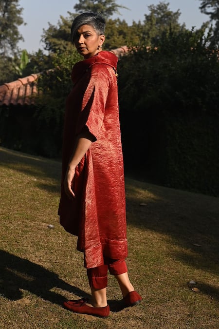 Buy_Shorshe Clothing_Red Tissue, Chanderi, Satin Embroidery Cowl Neck Asymmetric Kurta And Pant Set_Online_at_Aza_Fashions