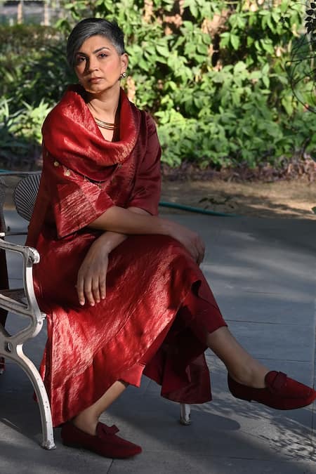 Shop_Shorshe Clothing_Red Tissue, Chanderi, Satin Embroidery Cowl Neck Asymmetric Kurta And Pant Set_Online_at_Aza_Fashions