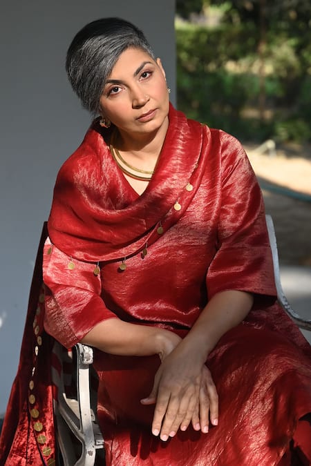 Shorshe Clothing_Red Tissue, Chanderi, Satin Embroidery Cowl Neck Asymmetric Kurta And Pant Set_at_Aza_Fashions