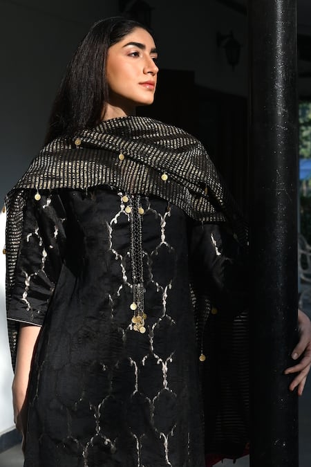 Shorshe Clothing_Black Brocade, Satin, Silk Zari Open Neck Jaal Embroidered Kurta Set_Online_at_Aza_Fashions